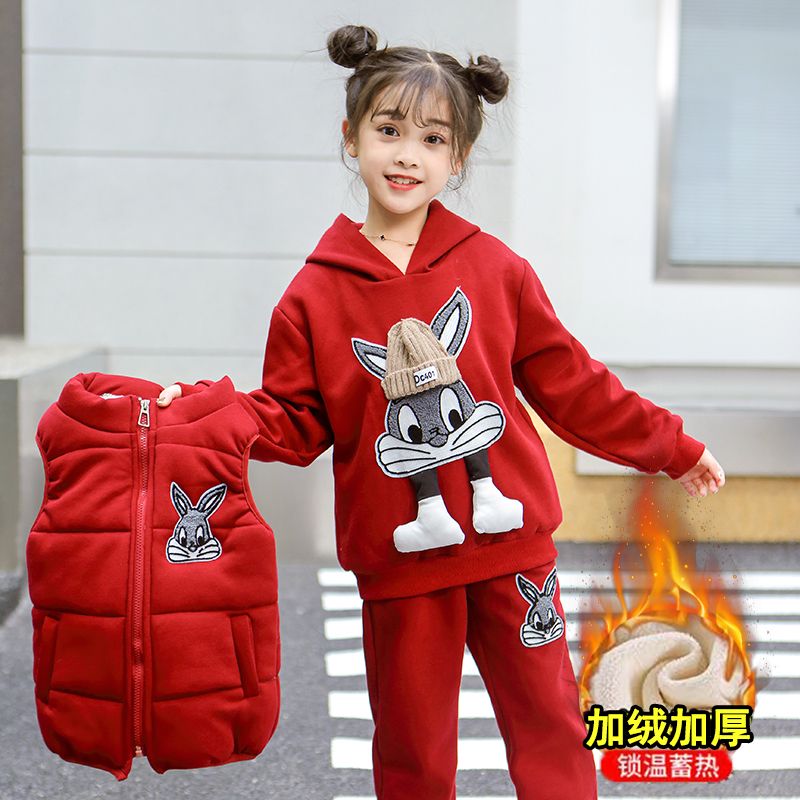 New winter  three-piece Bugs Bunny suit for girls, autumn and winter style, middle-aged, velvet and thickened children's clothing