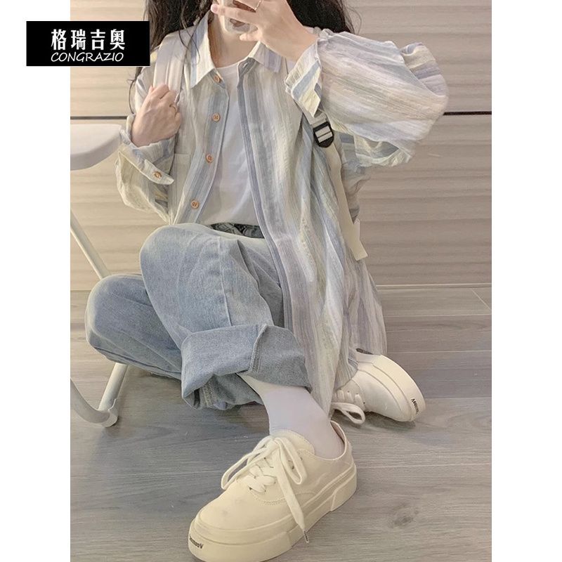 CONGRAZIO/格瑞吉奧撞色條紋設計感長袖襯衫春秋慵懶風上衣外套女