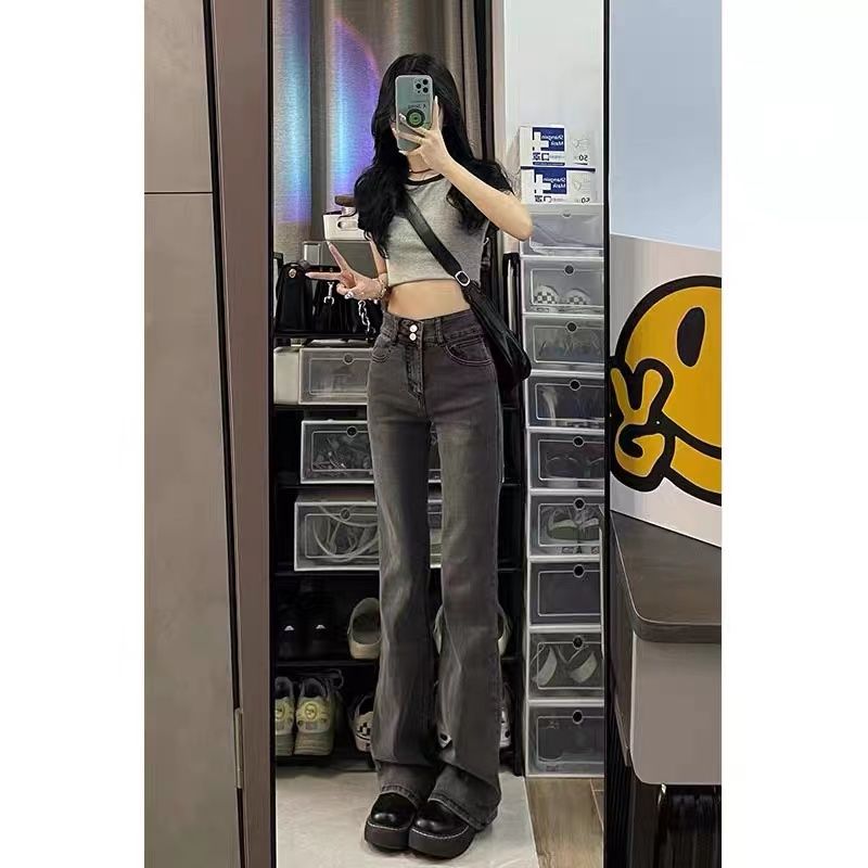秋冬季黑灰色微喇叭牛仔褲女做舊復古顯瘦彈力百搭拖地加長款水洗