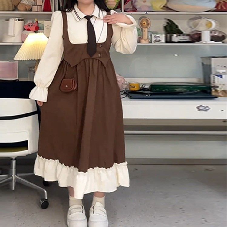 大碼赫本風假兩件連衣裙女秋季收腰顯瘦a字裙甜美胖mm垂墜感裙子