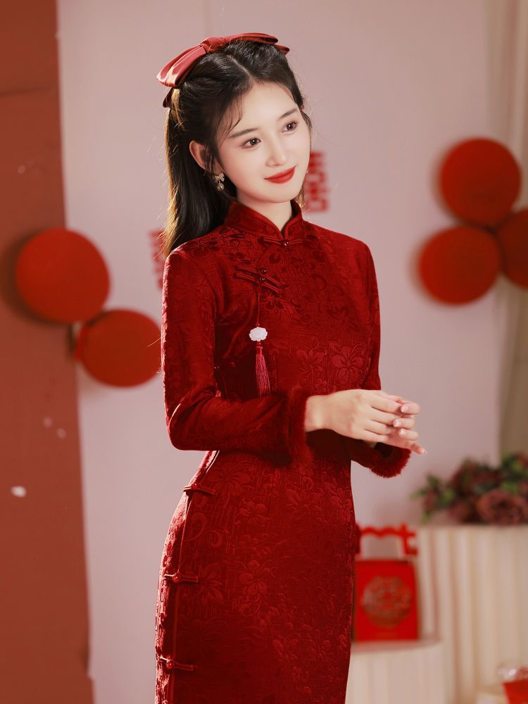 旗袍敬酒服新娘結婚酒紅色長袖中式年輕款訂婚禮服女加厚加絨冬季