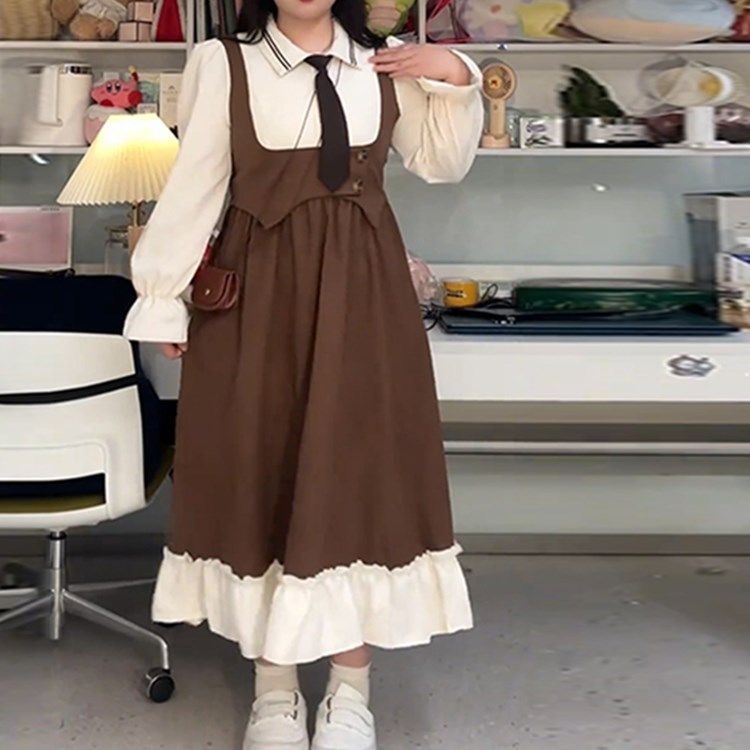 大碼學院風假兩件拼接連衣裙秋季微胖mm顯瘦法式茶歇美拉德長裙子