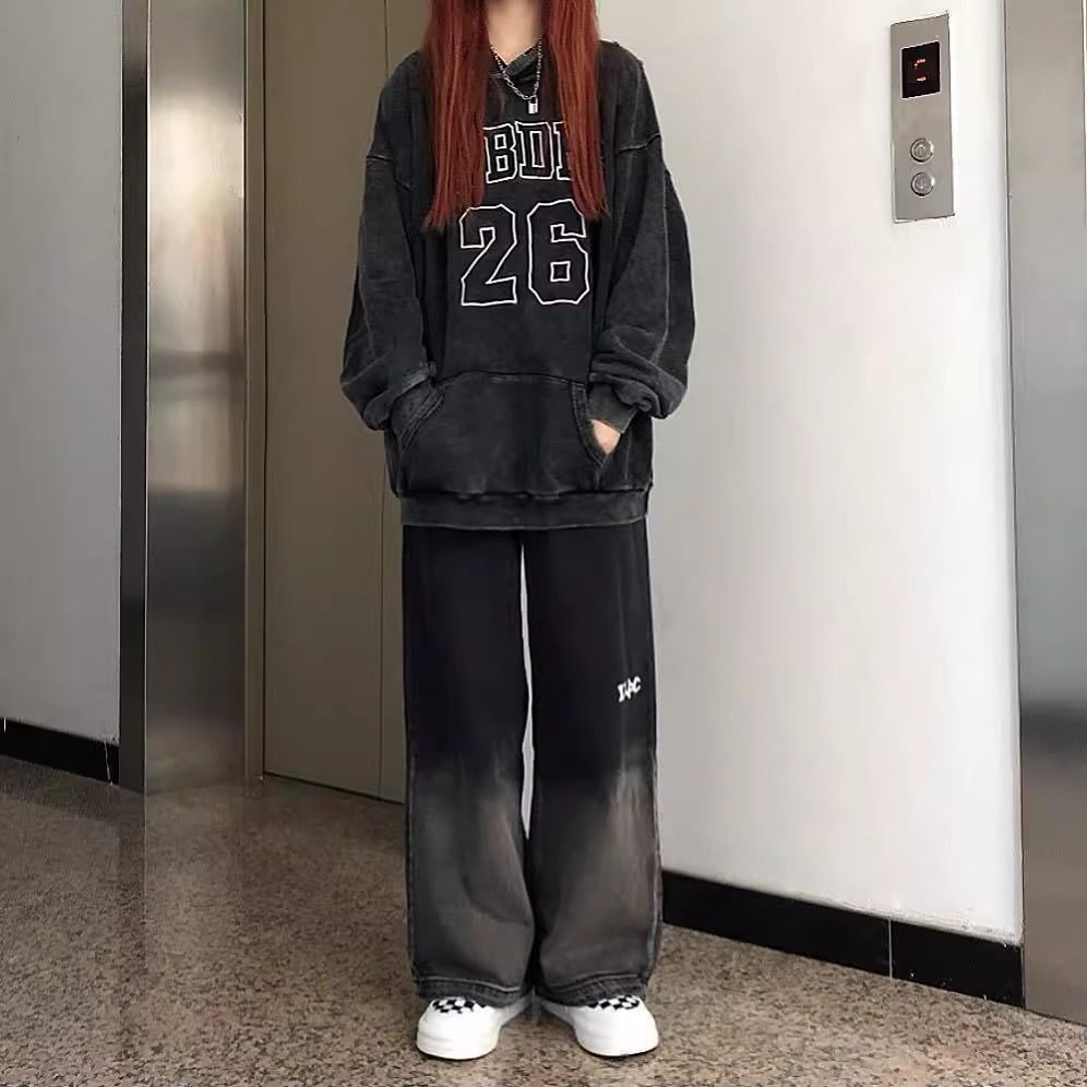 黑色漸變色牛仔褲女2023新款復古高腰寬鬆垂感直筒闊腿褲子ins潮