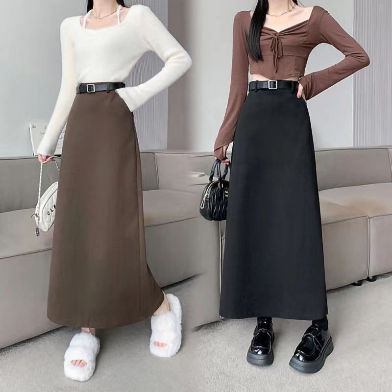 Yujie Style Woolen High Waist A-Line Skirt Autumn and Winter Pocket High Waist Midi-Length Skirt with Belt Back Slit Skirt