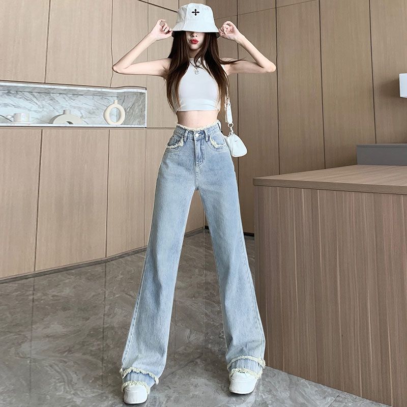 設計感毛邊拼接美拉德高腰直筒牛仔褲女2023港味小個子闊腿拖地褲