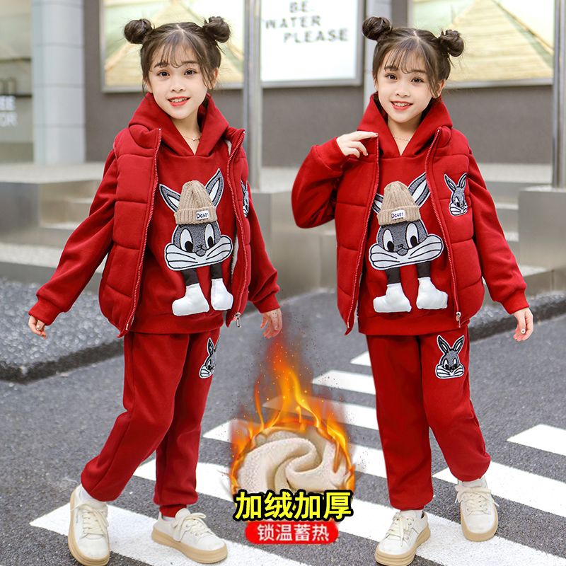 New winter  three-piece Bugs Bunny suit for girls, autumn and winter style, middle-aged, velvet and thickened children's clothing