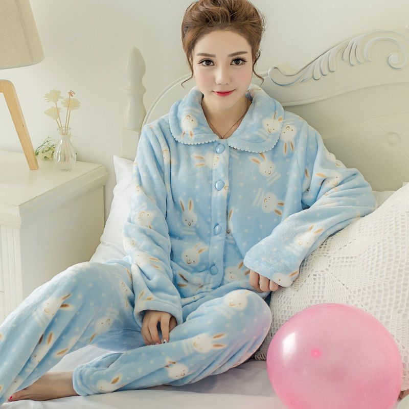 Pajamas for women autumn and winter coral velvet cute and sweet thickened Korean flannel warm cartoon large size home wear set