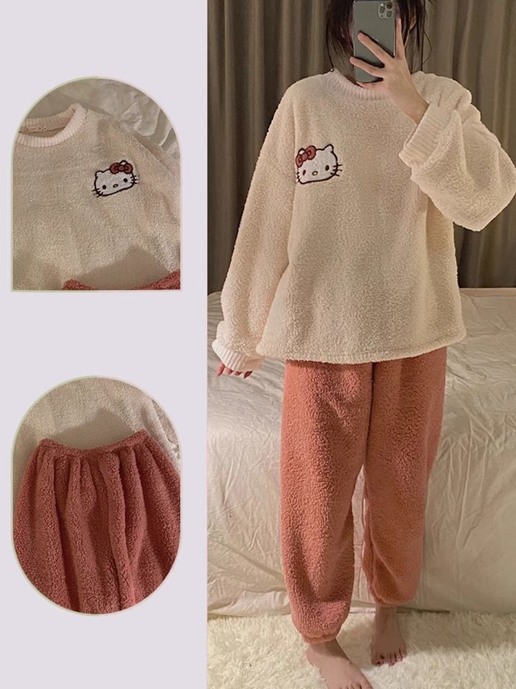 卡通ins風睡衣女秋冬季珊瑚絨加厚加絨保暖可愛法蘭絨家居服套裝