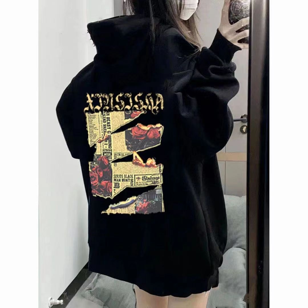 美式hiphop連帽衛衣女秋冬薄款2023新款學生慵懶風長袖外穿上衣潮