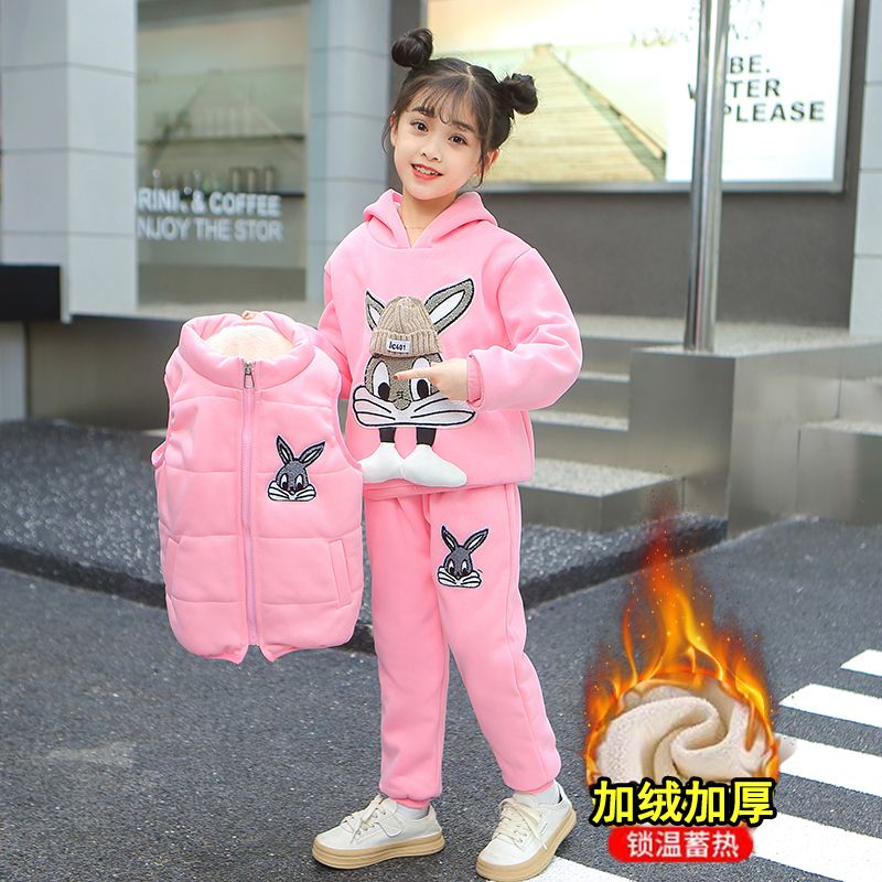 New winter  three-piece Bugs Bunny suit for girls, autumn and winter style, middle-aged, velvet and thickened children's clothing