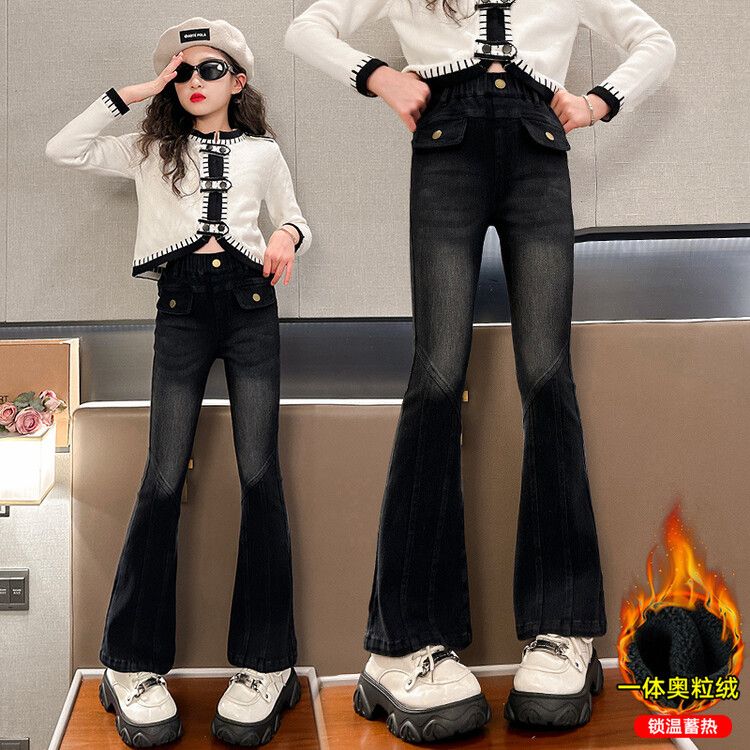 女童牛仔褲秋冬6歲女孩一體絨大童7加絨加厚喇叭褲冬天8兒童褲子9