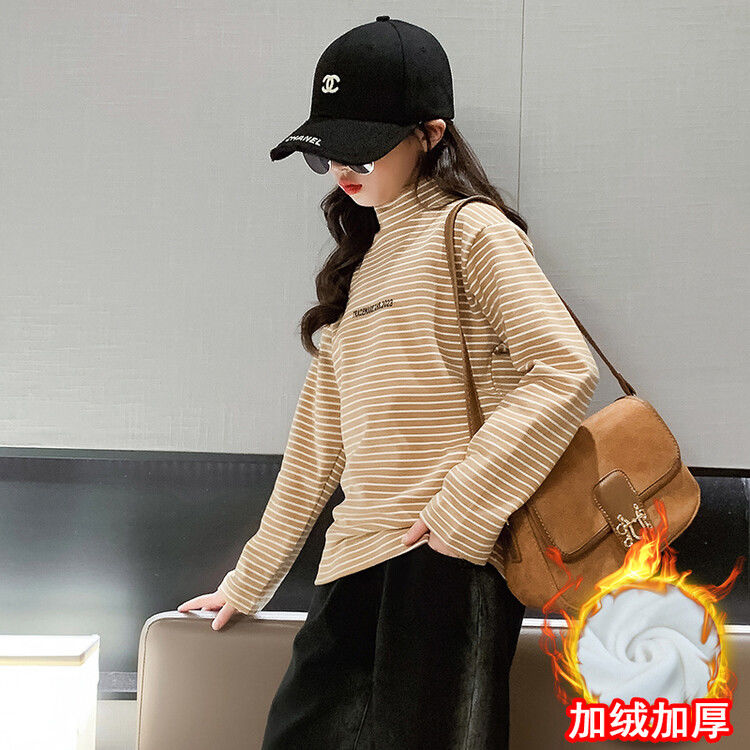 Girls half-turtle collar long-sleeved velvet bottoming shirt  new fashion striped tops winter sweatshirts for middle and older children