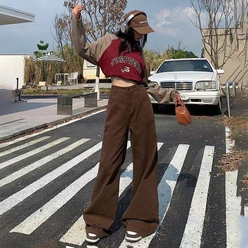 大碼美式復古高街咖色褲子女秋季顯瘦百搭寬鬆直筒高腰闊腿牛仔褲