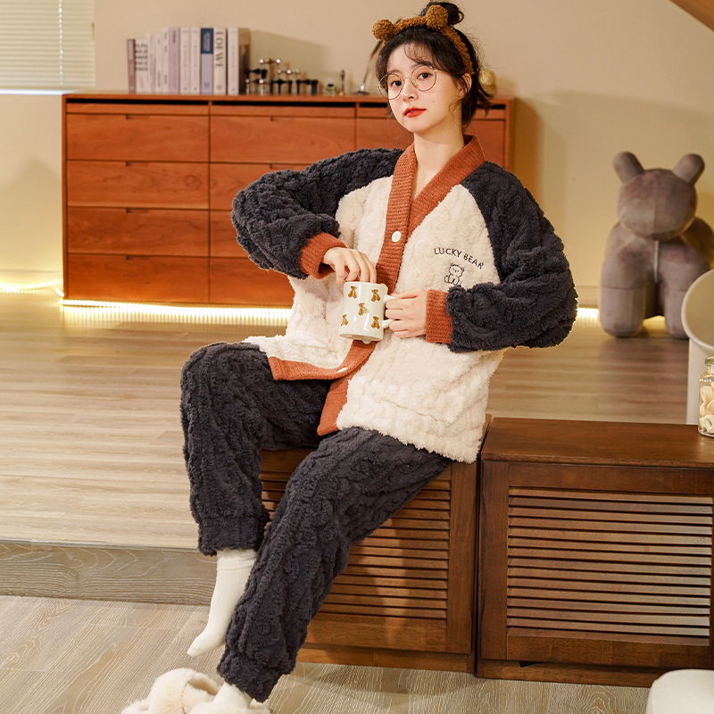 新款秋冬季外穿家居服睡衣女珊瑚絨加絨加厚宿舍性感甜美高檔簡約