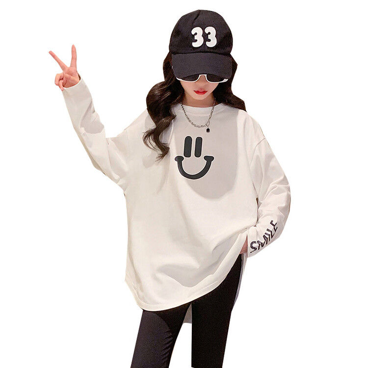 Girls' velvet bottoming shirt, stylish mid-length  new medium and large children's long-sleeved white T-shirt, simple inner wear and outer wear