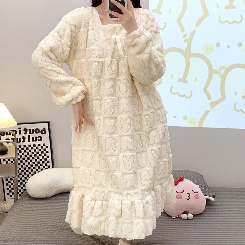冬季秋冬季珊瑚秋冬睡裙公主加絨加厚睡衣法蘭絨寬鬆大碼家居服