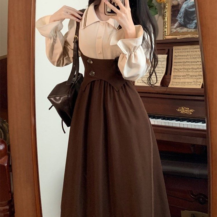 Large size French retro temperament long-sleeved dress women's autumn skirt fat mm covers the belly and looks slim A-line skirt for small people