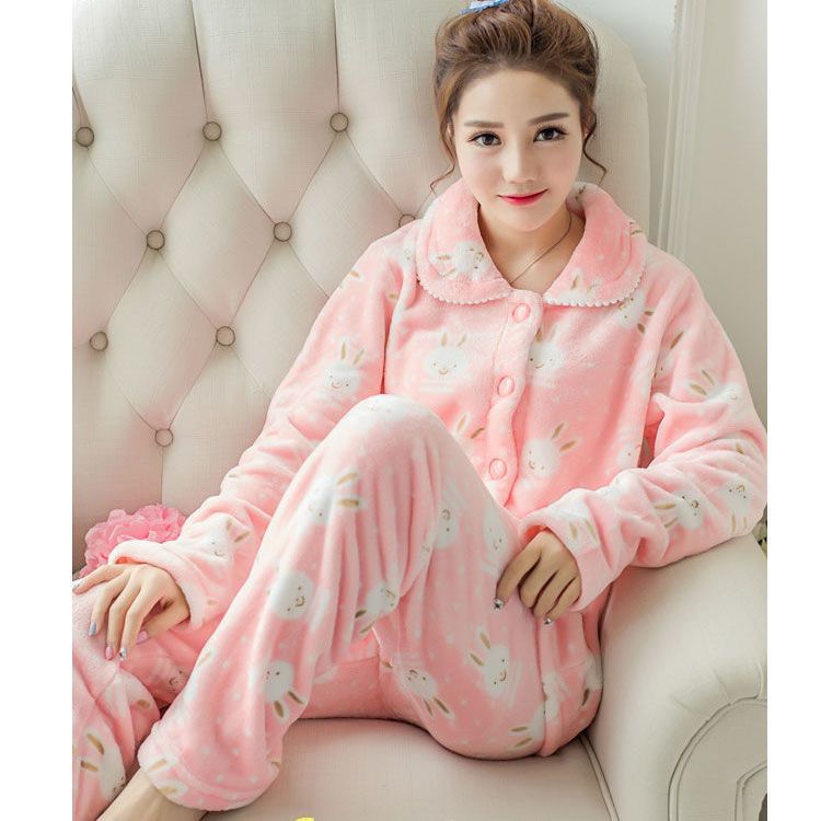Pajamas for women autumn and winter coral velvet cute and sweet thickened Korean flannel warm cartoon large size home wear set