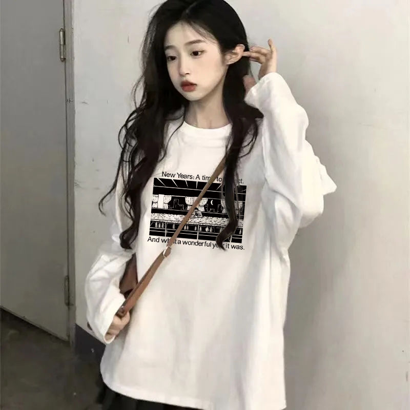 100%純棉長袖T恤女秋季內搭白色打底衫韓版ins寬鬆百搭印花上衣潮