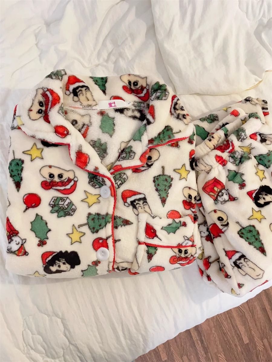 珊瑚絨睡衣女士秋冬季可愛卡通蠟筆小新法蘭絨加厚保暖家居服套裝