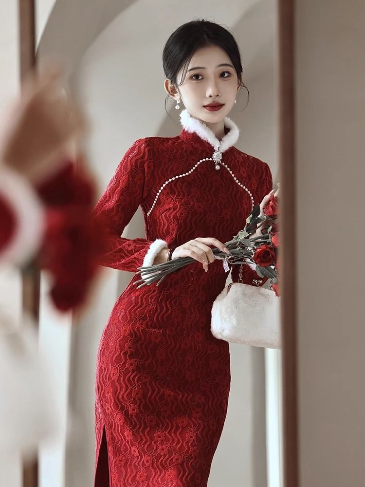 改良旗袍敬酒服新娘紅色秋冬季長袖加厚加絨蕾絲年輕款訂婚新中式