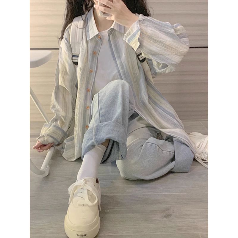 法式復古薄款襯衫女寬鬆別致春秋設計感條紋長袖慵懶風上衣外套女