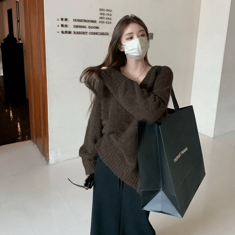 2023秋冬新款寬鬆慵懶風大v領套頭毛衣女小個子中長款加厚針織衫