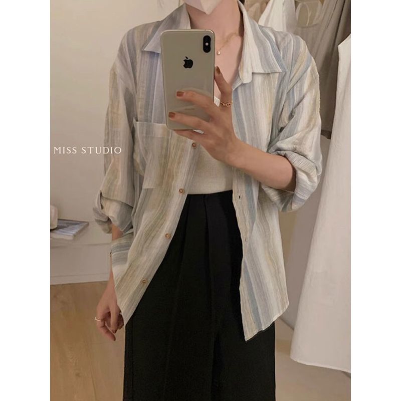 條紋長袖襯衫女港味薄款春秋休閒疊穿復古慵懶風寬鬆翻領上衣外套