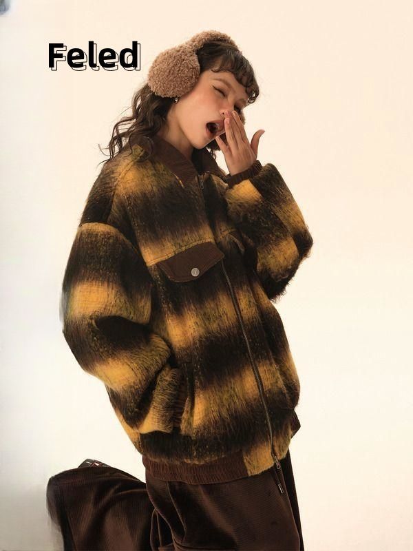 Feila Denton retro vintage striped thickened baseball uniforms for men and women in autumn and winter loose slim jackets trendy coats