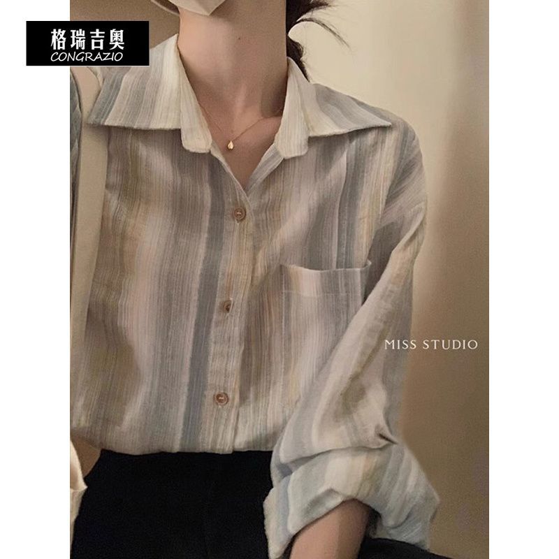 CONGRAZIO/格瑞吉奧暈染條紋襯衫女春秋寬鬆慵懶風長袖上衣薄外套