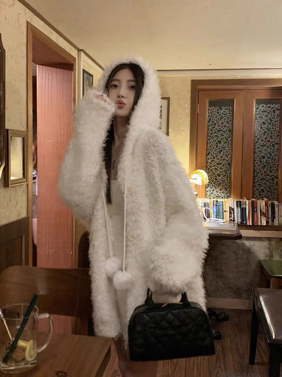 仿水貂絨連帽加厚毛衣外套女秋冬季寬鬆慵懶風針織開衫奶呼呼上衣