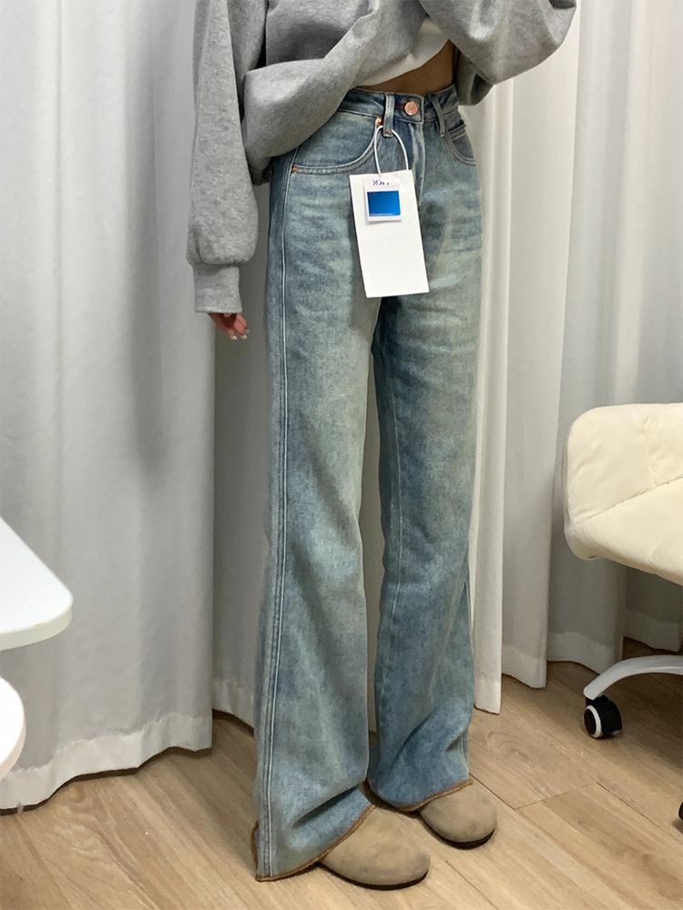 淺色毛邊不貼腿微喇叭牛仔褲女冬季新款高腰闊腿顯瘦直筒拖地褲子