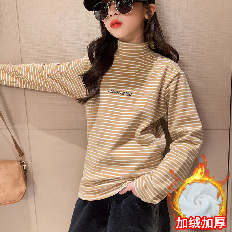 Girls half-turtle collar long-sleeved velvet bottoming shirt  new fashion striped tops winter sweatshirts for middle and older children