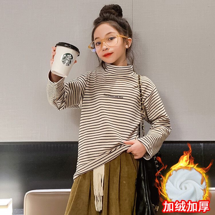 Girls half-turtle collar long-sleeved velvet bottoming shirt  new fashion striped tops winter sweatshirts for middle and older children