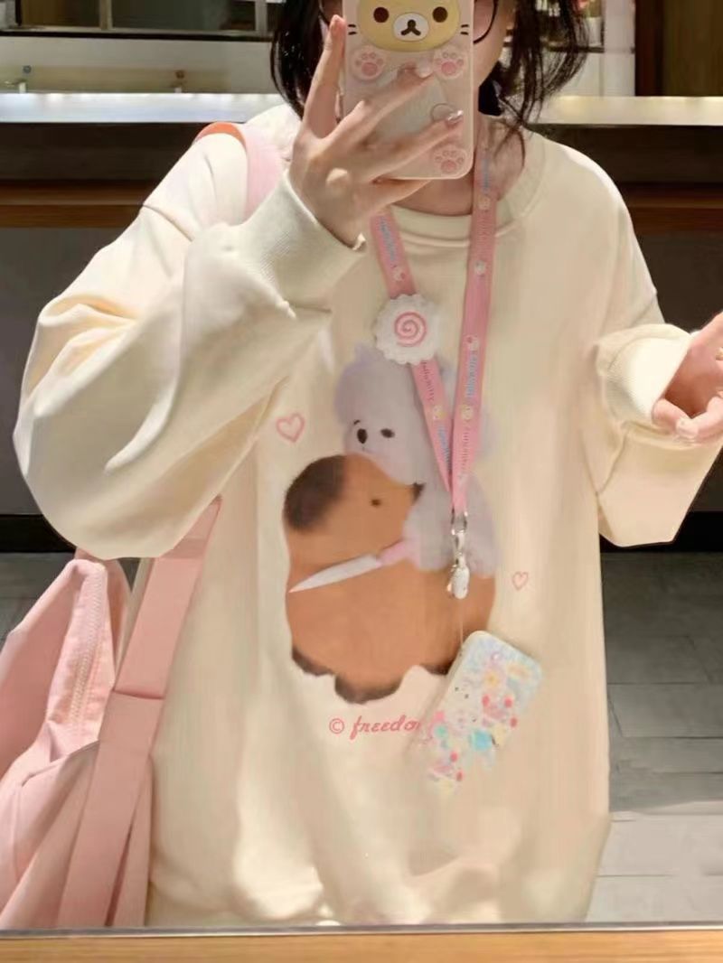 杏色美式復古街頭無帽衛衣女秋冬新款加絨韓版寬鬆顯瘦上衣女ins