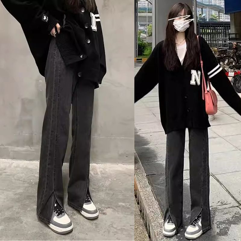 大碼胖mm開叉直筒牛仔褲女秋冬季設計感高腰顯瘦寬鬆闊腿拖地褲子