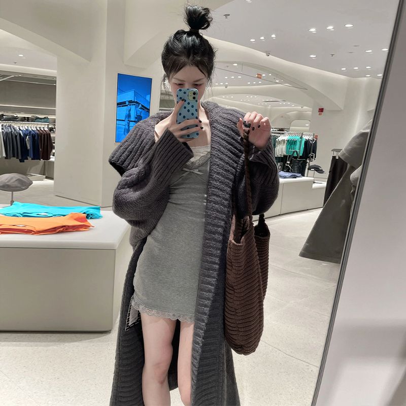 Sweater knitted jacket for women in autumn and winter, Korean style, large lapel, lazy, high-end, loose, casual, mid-length cardigan