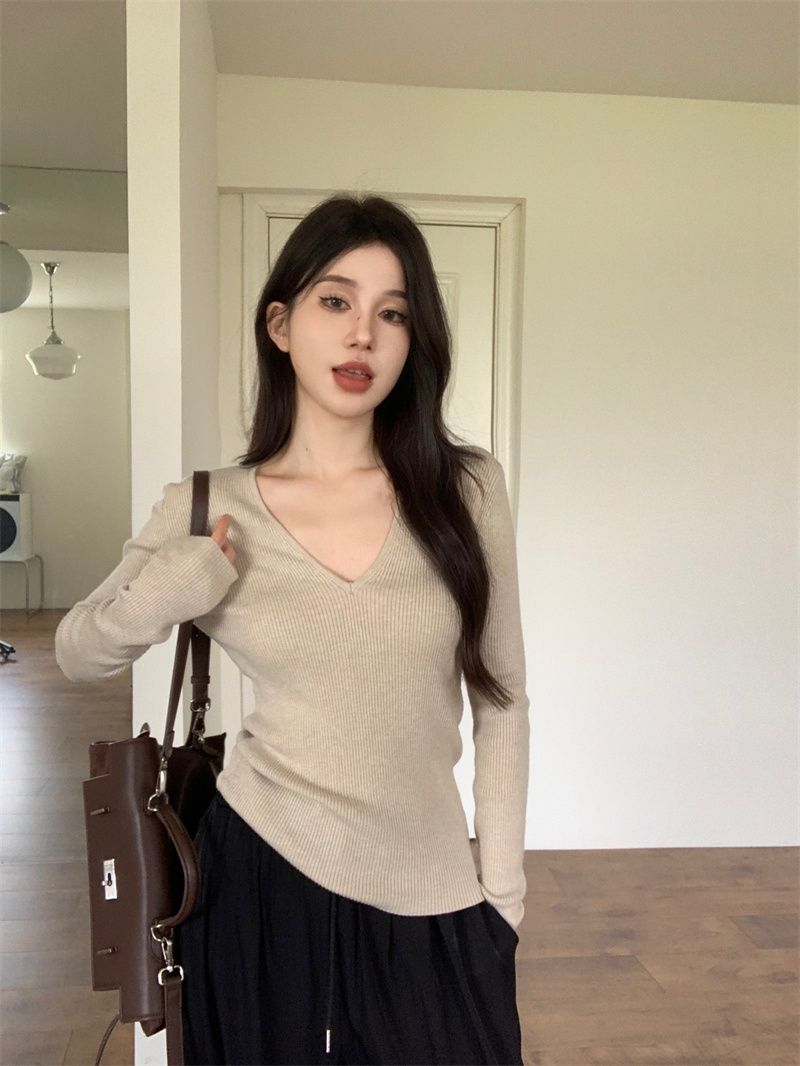 純色長袖針織打底衫女秋季2023新款v領套頭百搭毛衣修身內搭上衣
