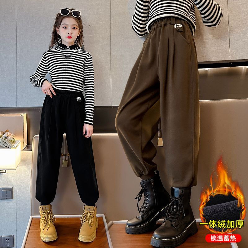 女童加絨褲子秋冬款洋氣加厚中大童冬季毛呢休閒褲兒童運動褲衛褲