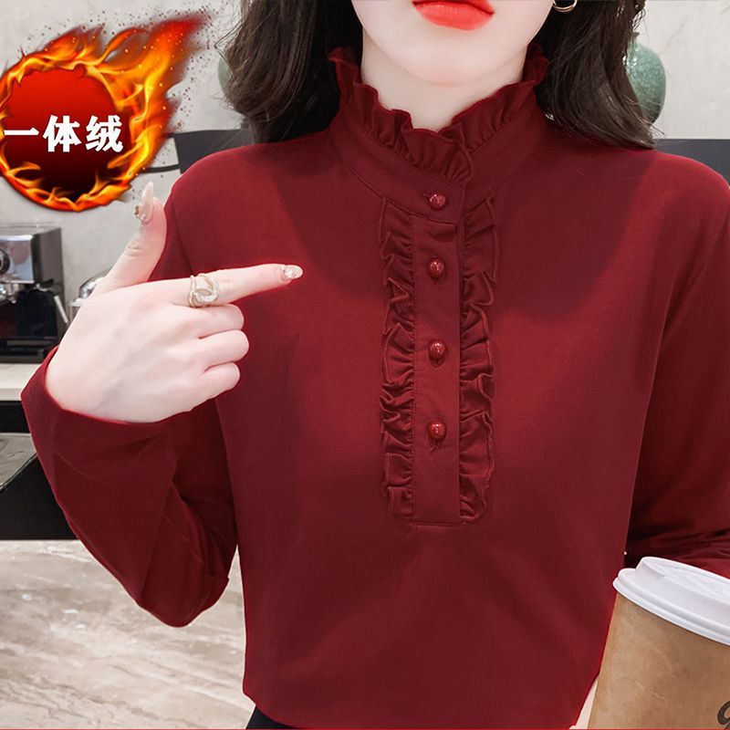 媽媽裝大碼內搭荷葉領上衣女秋冬木耳邊長袖t恤洋氣加絨打底衫