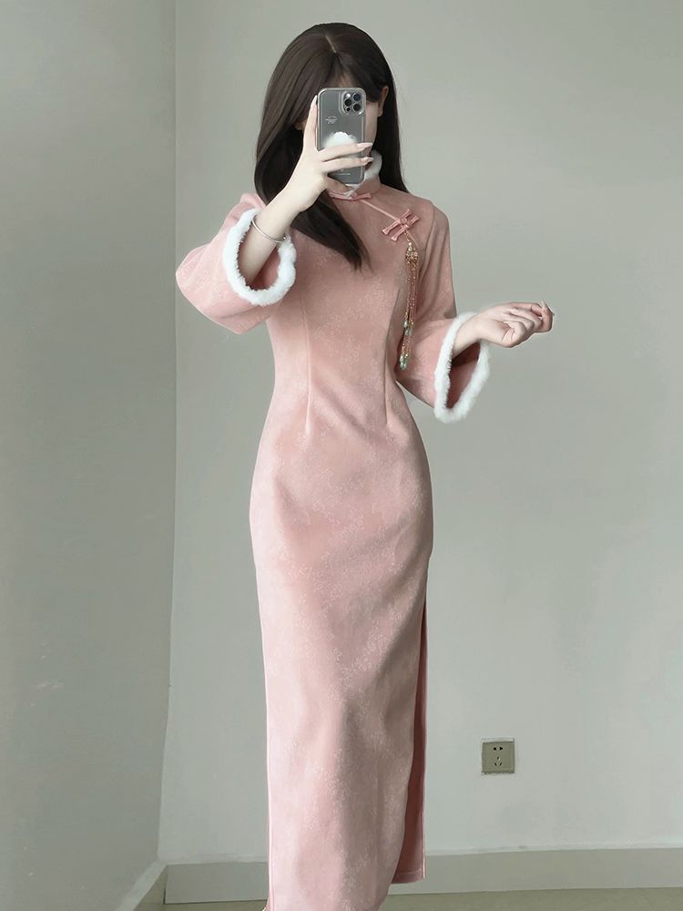 旗袍2023年秋冬季新款粉色少女年輕款加絨加厚改良新中式高端氣質