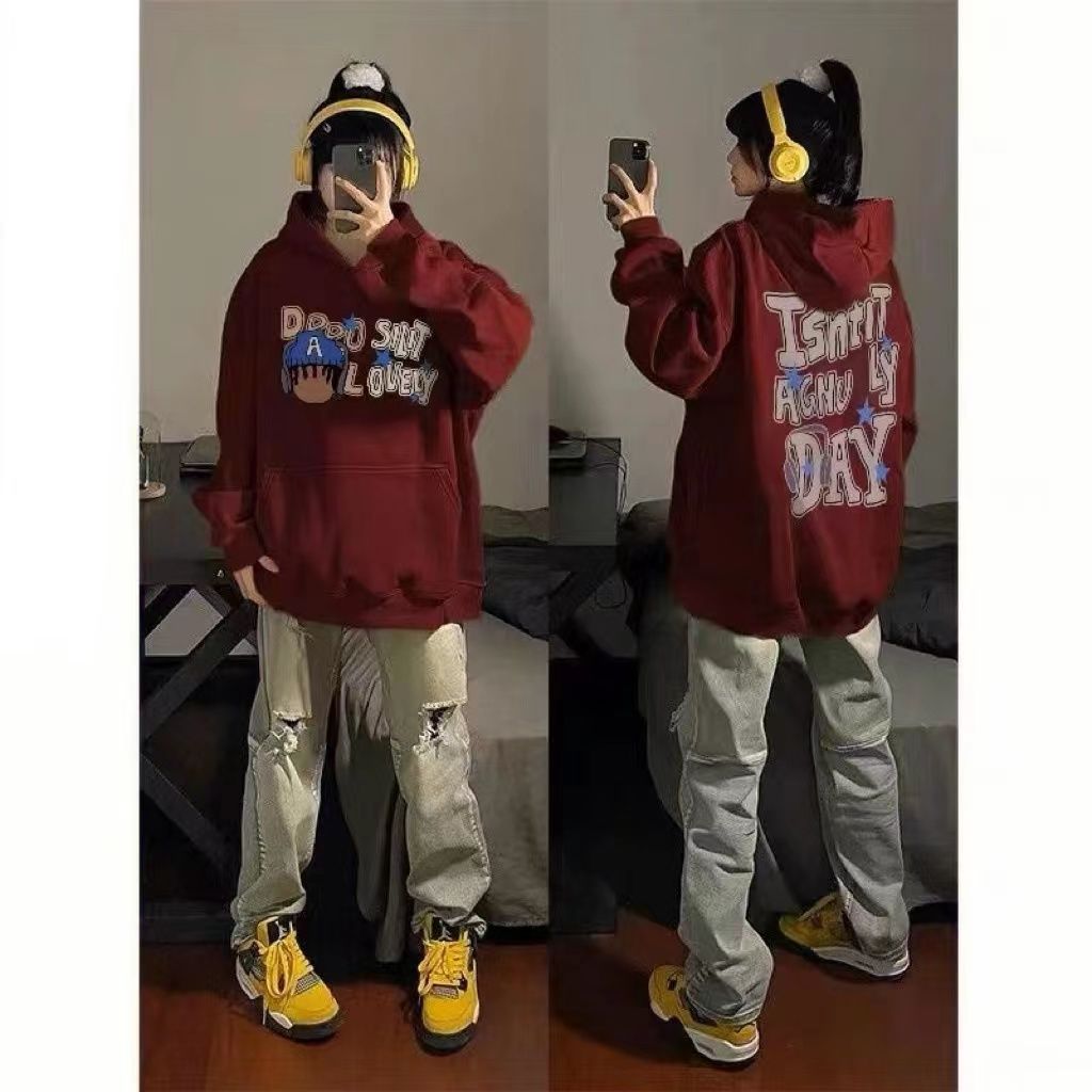 酒紅色衛衣女連帽寬鬆秋冬季加絨加厚潮牌hiphop情侶上衣外套潮