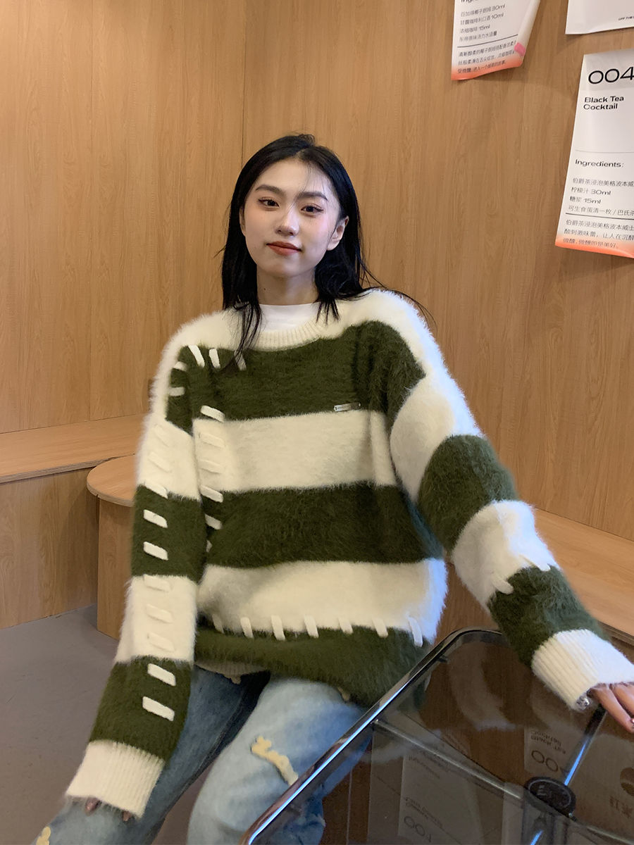 甜美風寬條紋水貂絨毛衣女春秋寬鬆設計感毛茸茸上衣