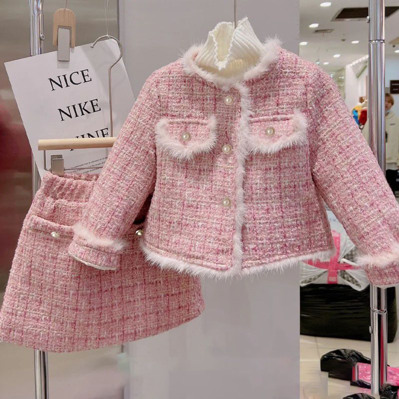2023冬裝新款女童小香風夾棉外套+半身裙兩件套加厚洋氣套裝 6580