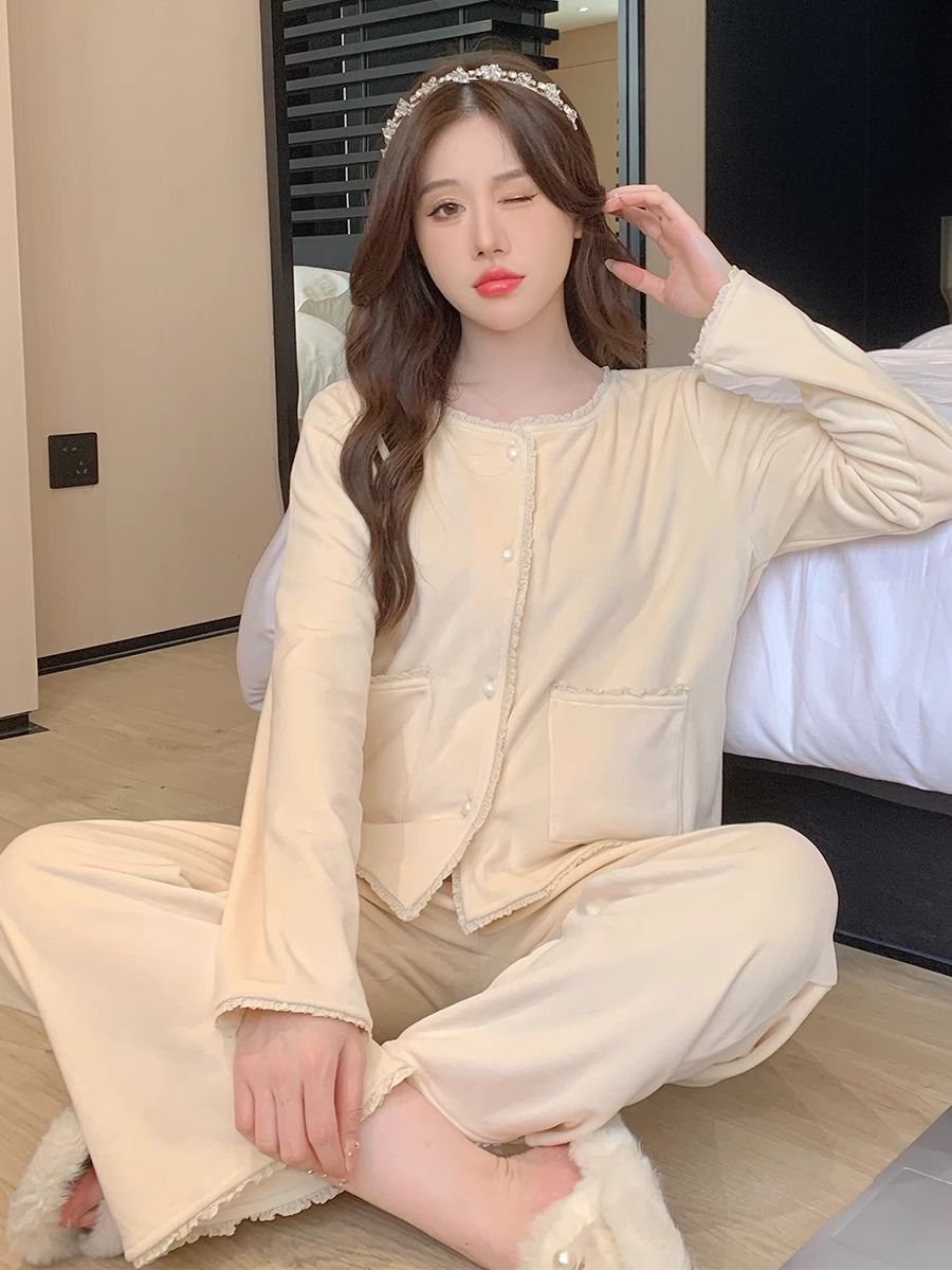 趙露思同款睡衣女款套裝加厚可外穿小香風甜美海島絨秋冬季家居服