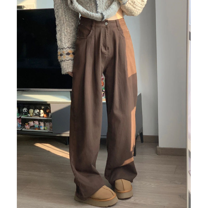 美拉德棕色褶皺闊腿牛仔褲女秋季小個子高腰直筒顯瘦垂感闊腿長褲