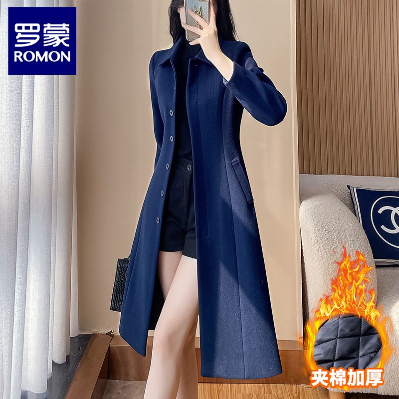 Romon windbreaker jacket women's new navy blue cotton thickened long professional workwear suit top woolen coat