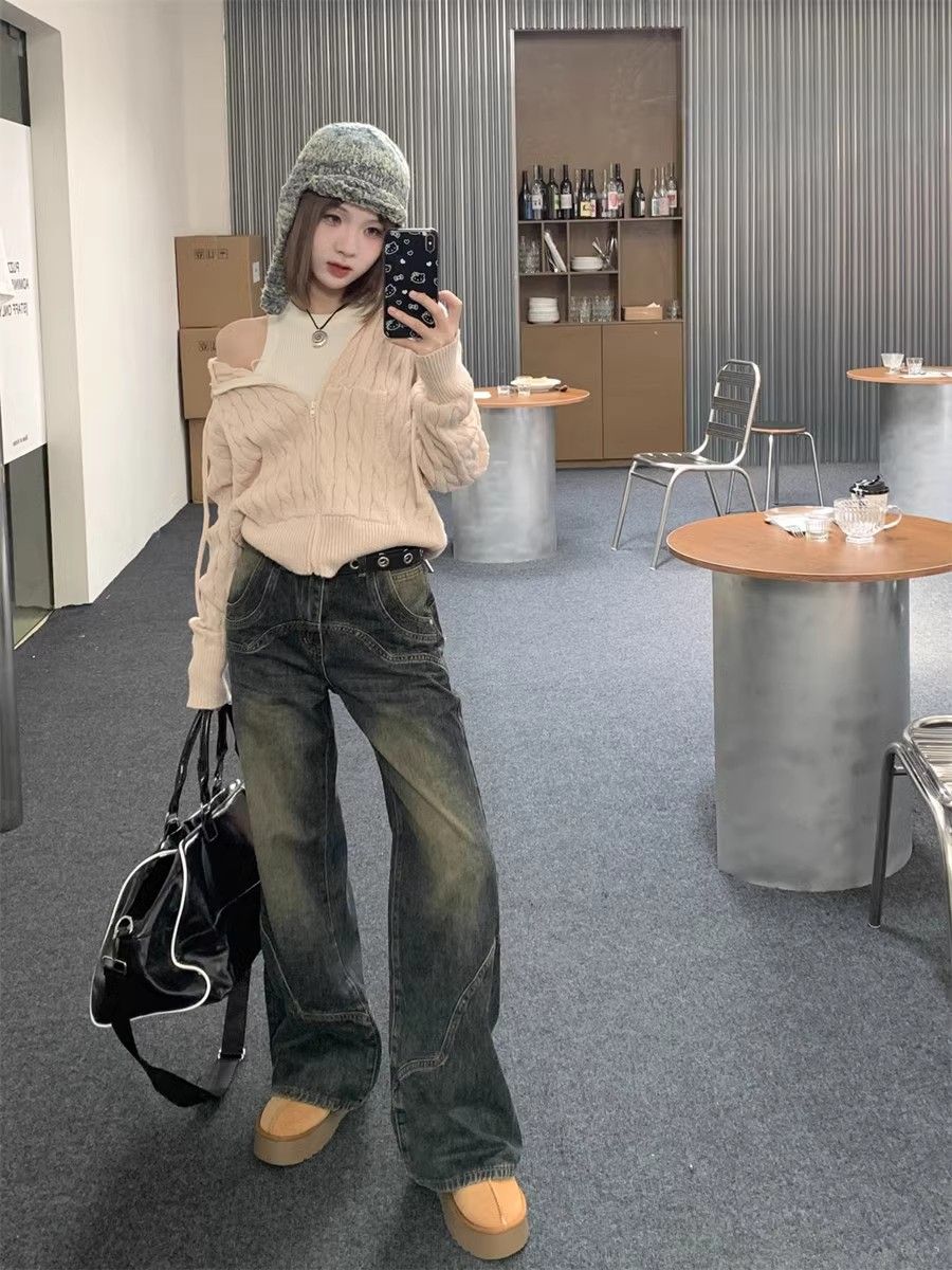 懷舊藍闊腿牛仔褲女秋冬顯瘦寬鬆小個子拖地垂感設計感小眾褲子
