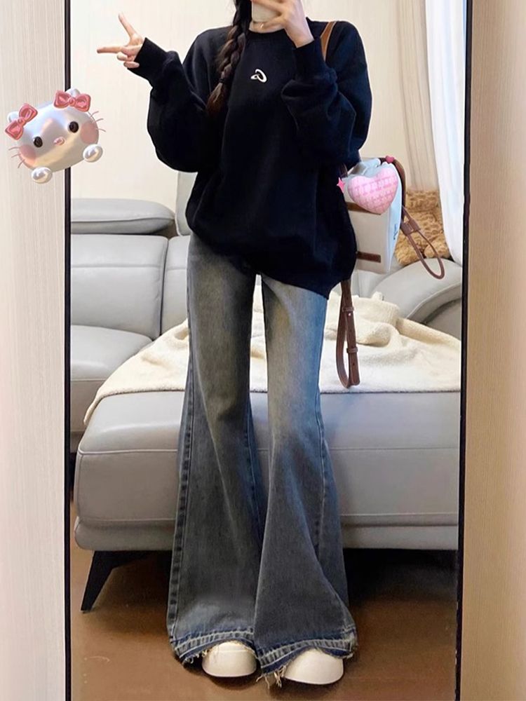 復古毛邊微喇叭牛仔褲女冬季新款低腰闊腿顯瘦垂感直筒拖地褲子潮