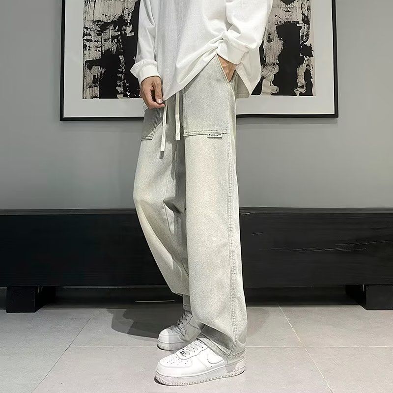 寬鬆闊腿黑色牛仔褲男美式高街帥氣2023新款秋冬款復古長褲子男生
